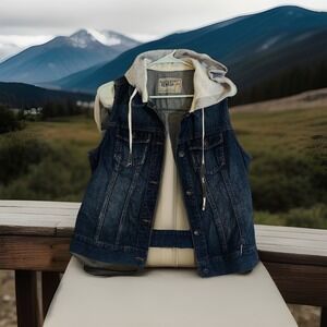 Rewash Denim Vest Womens Large Blue Jean Sleeveless Hoodie Hooded Jacket Pockets